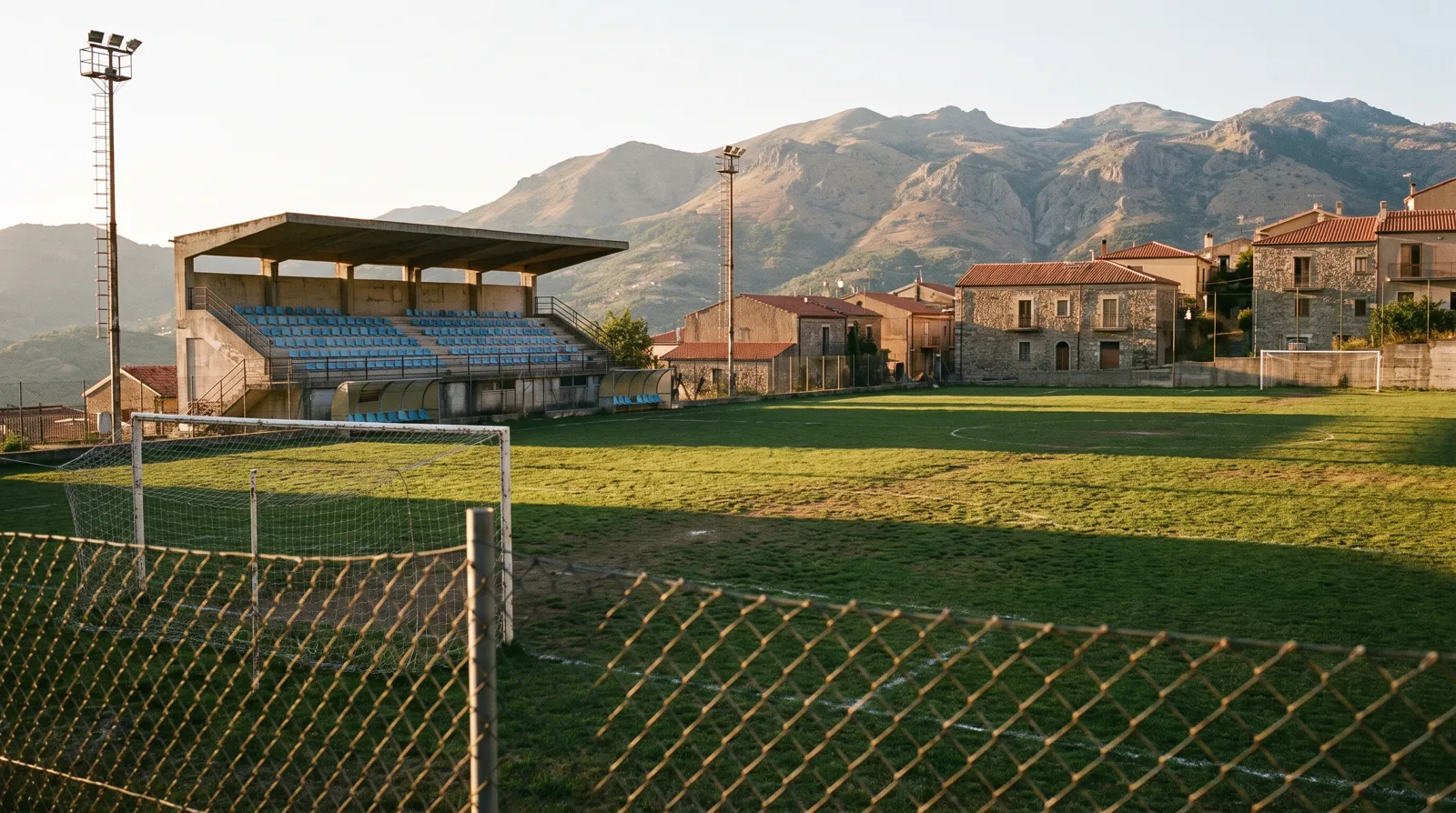 Il campo visto dalla recinzione: tribuna in cemento, torri faro e i monti Nebrodi sullo sfondo alla luce del tramonto